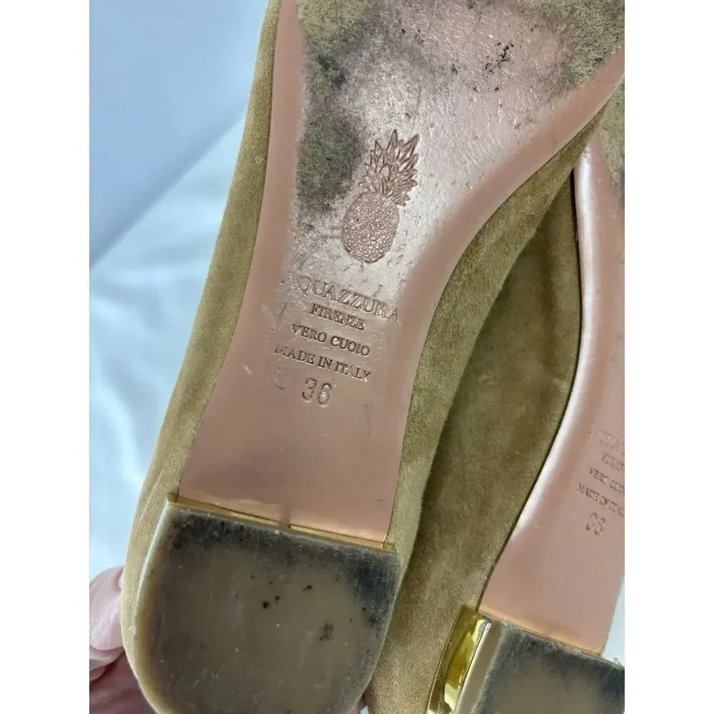 Aquazzura Firenze Dancer Lace Up Ballet Flats Camel Brown Tan Suede 38 7.5